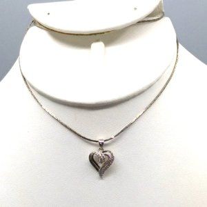 Vintage Pave CZ Heart Pendant with Double Scroll Elegant Design on Silver Tone